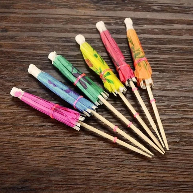 50шт Смесен цвят (в торби) украса на коктейл бамбук пръчка във формата на чадър Дим сум торта плодови пръчка малък чадър пръчка
