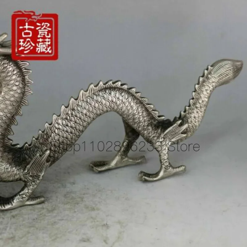Изискана стара китайска статуетка на тибетския сребърния дракон 12,2 инча
