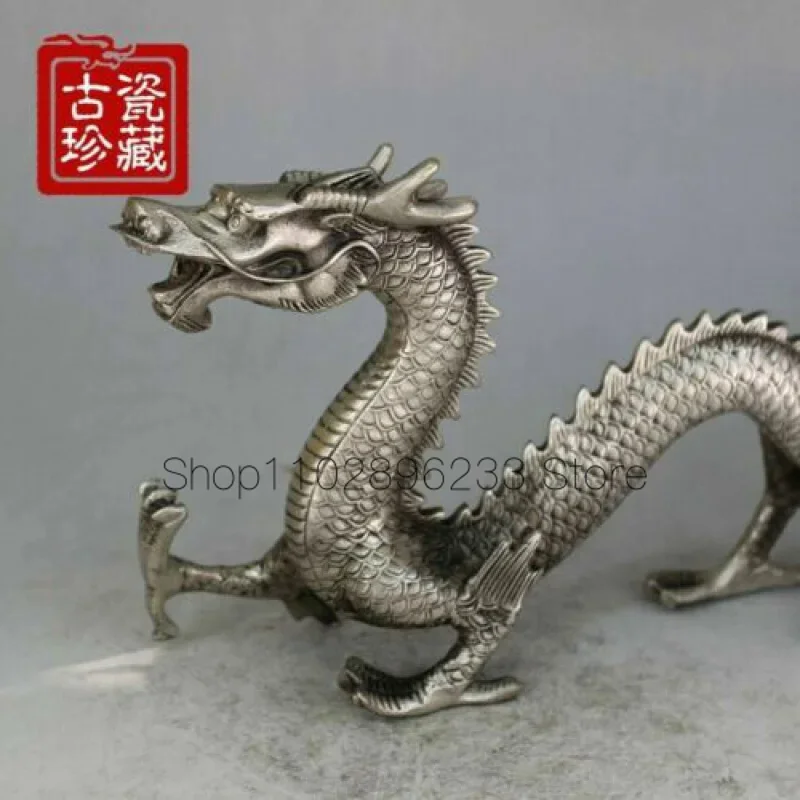 Изискана стара китайска статуетка на тибетския сребърния дракон 12,2 инча