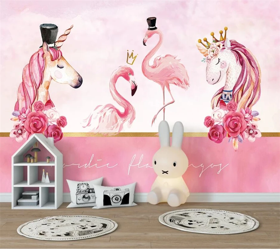 Потребителски тапети 3d в скандинавски стил ins двойка фламинго фонова стена на детската стая украса на детска градина картина фотообои