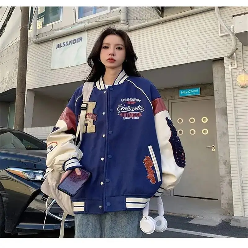 Deeptown Реколта яке-бомбер, Женски Университетски и бейзболни якета Harajuku, Корейската модни униформи за колеж, негабаритная градинска облекло Y2k