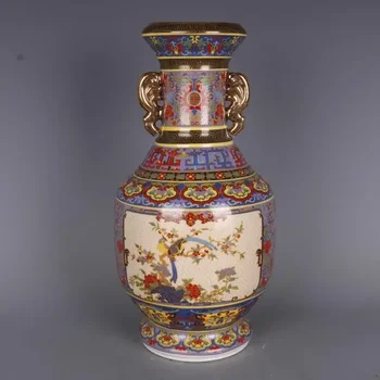 Голям размер 27 см Цин Юнчжэн писал цветя и птици златен емайл голяма порцеланова кралската ваза, вградени антикварным антики.