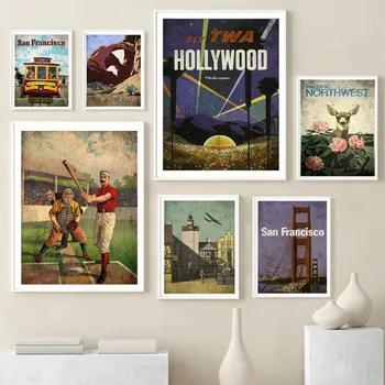 Ретро Пътуване в света на Тихия Океан Канада Сан Франциско Америка Печат на плакати Печат върху платно, Стенни Художествена картина за хола домашен интериор