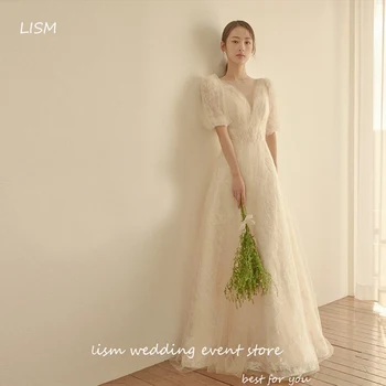 LISM 2024 Принцеса, Пълна дантела, Корейски сватбени рокли трапецовидна форма, Разкошни Сватбени рокли с къс ръкав и кръгло деколте, Фотосесии, Елегантен Брак