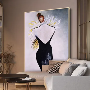 Модерна живопис с маслени бои ръчно рисувани Стилна Дама с цветя Реколта картина в стил ретро, за всекидневната, спалнята Декорация на дома