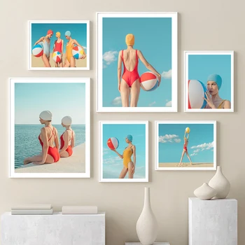 Плажни момиче, плувен басейн, Слънчев бански, топка, Монтиране на изкуството, платно, маслени картини, плакати на скандинавскую тема и принт, украса за сядане на закрито