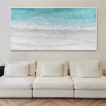 Голям Абстрактен пейзаж на острова в Синьо море ръчно рисувани Живопис с маслени бои Impasto Sea Texture Art Модерен Минималистичен Природен Начало декор
