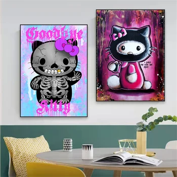 Модерен плакат с графити, сладък плакат с изображение на Здравей Кити живопис с маслени бои, поп-улични щампи, ретро картина върху платно, интериор на спалня