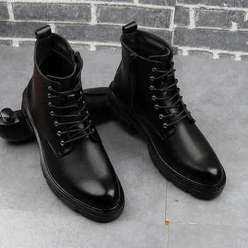 Мъжка мода в английски стил, оригинални кожени обувки, черни обувки на платформа, трендови красиви каубойски ботуши, военни ботильоны, мъжки обувки