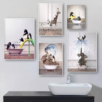 Забавни Животни Слон, Жираф, Penguin, Свири на Стената на Тоалетната, Художествен Плакат, Картина върху Платно за Баня, Тоалетна, Скандинавски Декор, Фигура