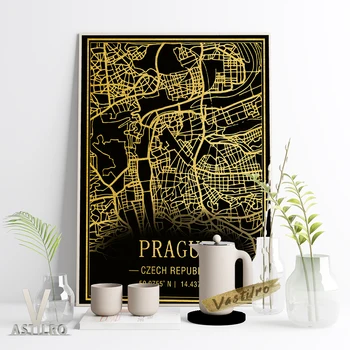 Карта на град Прага в Чешката република, Модерен минималистичен Плакат, Тъмен Фон, Творчески фигура, Художествена печат, Декор, подаръци за нов дом.
