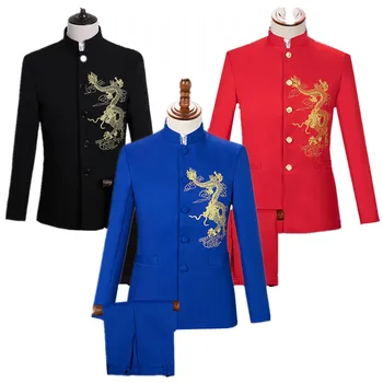 Мъжки костюм с бродерия, 2 броя, Черен / червен / кралско синьо, модно мъжко рокля за изпълнения на сватбеното парти, сако, панталони