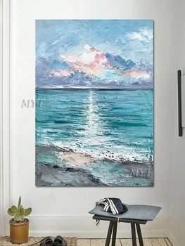 Абстрактна картина с морски пейзаж, рисувани на ръка, синьо слънце, стенни живопис, безрамная картина за декорация на дома, на плажа