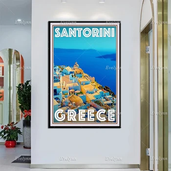 Туристически плакат в ретро стил, Гърция, Санторини, маслени картини, плакати и печат върху платно, Стенно изкуство, Модулни картини, домашен декор