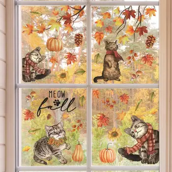 Устойчив на избледняване есенна стикер, ярки есенни етикети на прозорци, котка, тикви, кленови листа, двустранен празничен декор за Деня на Благодарността