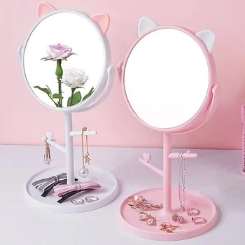 Огледало за грим с кошачьими уши Практично Десктоп огледало за грим Джобно Със сгъваема стойка с Квадратно Огледало за грим за жените от всички възрасти