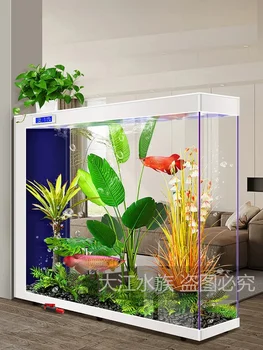На пода в хола от сверхбелого стъкло за мързелив смяна на вода с самоциркуляцией, екологичен аквариум за аквариумни риби