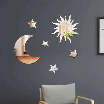 6шт Slr стикер на стената във формата на звезди и Луната, за спални и хол, празнични аксесоари, партита по повод рождения Ден, на декор на стаята