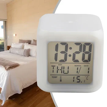 Часовници с нощно осветление, Цифров часовник с аларма, 7-цветен led светлини, 8x8x8 см, ABS Календар, Термометър в карикатура стил, Спалня