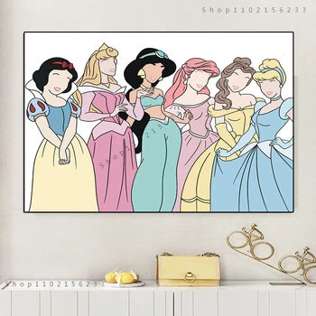 Плакат на принцеса от анимационен филм на Дисни и snow white, Пепеляшка, Красавици, аниме, живопис върху платно, интериор за дневната, Декорация на дома