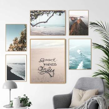 Плажни стенни щампи, плакати с палмови дървета, крайбрежните плакати, с изображения с изглед към морето, океанските вълни, живопис върху платно за домашен интериор дневна
