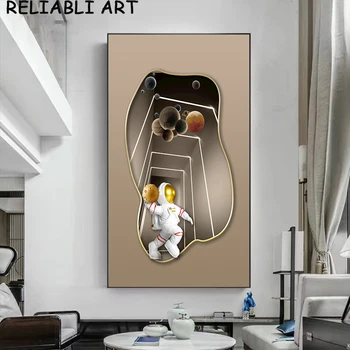 Абстрактни златни линия Астронавт на Луната Плакат и щампи Лека луксозна картина върху платно Стенно изкуство за хола Начало декор Без рамка