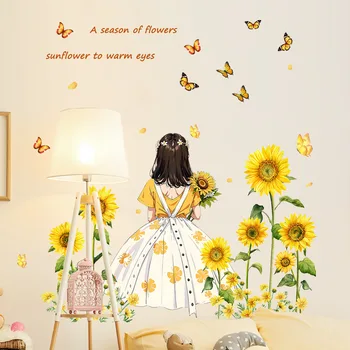 Слънчоглед Момиче Пеперуда за Декорация на дома Самозалепващи стикер за стена