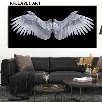 Абстрактен черно-бял плакат с перо и отпечатъци върху платно Ангел Стенни художествени картини за дома хол, Без рамка