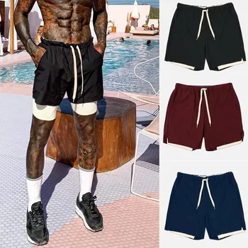 Мъжки къси панталони от найлон голям размер за фитнес зала 2 в 1, разтеглив обикновена баскетболни шорти на поръчка