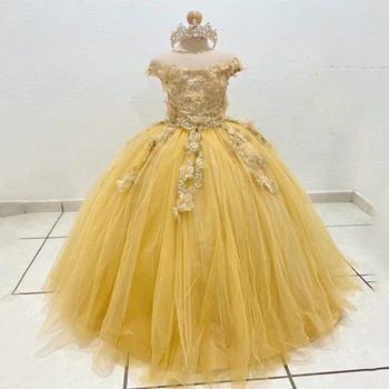 Жълто празнична рокля на принцеса от 15 години с 3D цветя за момичета, лейси тулья с аппликацией и отворени рамене, мексикански бебешка рокля с мъниста за първо причастие