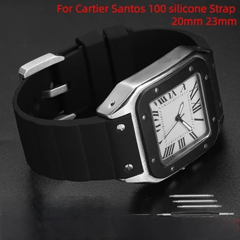 За Cartier Santos си в sandoz 100 гумена каишка за часовник черен силиконов каучук с нитове 20 мм, 23 мм и каишка за часовник на мъже, жени мека гумена гривна