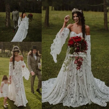 Реколта дантелени сватбени рокли, свързани с кука, с дълъг ръкав, отворени рамене, селски богемные шаферски рокли в стил хипи, vestidos de новия