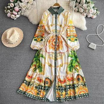 Модно рокля-риза Макси с флорални принтом в ретро стил, Женски есен Однобортное Празнична рокля в стил Бохо, жена