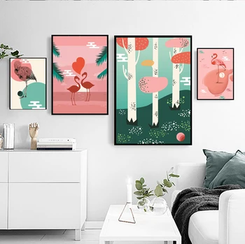 Розово абстрактен пейзаж, Няколко Фламинго, Дом на любовта, Топъл Бескаркасный Декоративен плакат, Водоустойчив печат, боядисване срещу избледняване