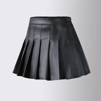 Кожена пола за момичетата Four Seasons, черна плиссированная пола трапецовидна форма, с висока талия, модни универсална детска пола от 3 до 16 години
