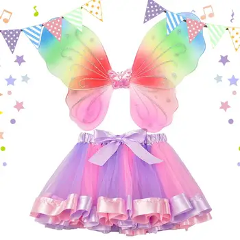 Преливащи се цветове поли и пачки за момичета и дрешки с крила на пеперуда, Многопластова мини-пола принцеса рожден Ден, танцов костюм за бала