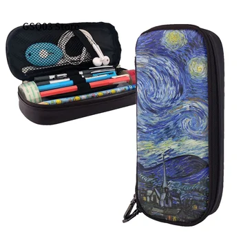 Молив случай Van Gogh Starry Night, кожен калъф за моливи с множество прорези, преносим чанта за моливи, молив случай за писалки за офиса и училище