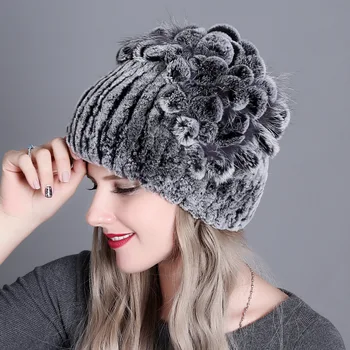 Дамски зимни нова Топла Европейско-американската модна шапка-топка от сгъсти вълна с помпоном от кожа заек Рекс, вязаная шапка с цветя модел отстрани