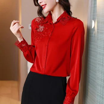 #2569 Черен Син Червен сатен риза, дамски Офис риза с бродерия на цветя, реколта риза в корейски стил с дълъг ръкав, дамски риза в корейски стил 