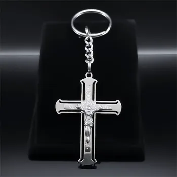 Ключодържател с Кръста на Исус, Ключодържател от неръждаема стомана, в Сребърен цвят, християнска Религиозна Чанта, Аксесоари, Бижута, Подаръци K6033S08