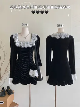 Френска елегантност, Черна рокля фея с квадратна яка, модерно рокля за бала, дантелено мозайка шиене на 2000-те, Естетичен Сладък готически тържествен повод