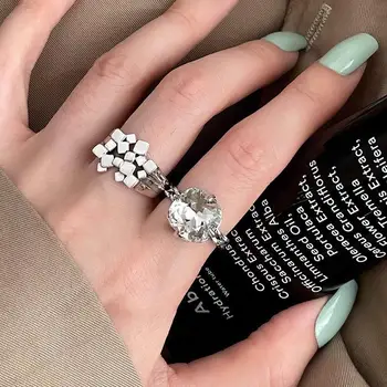 Ретро Блестящо Квадратно пръстен с цирконием за жени, модни бижута с отворен пръстен на геометрична форма, с неправилна форма сребрист цвят