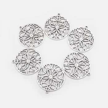 10шт Тибетски сребърни кухи филигранных кръг на амулети във формата на цвете Лотос, висулка за колие, обеци, модни бижута, 37x34 мм
