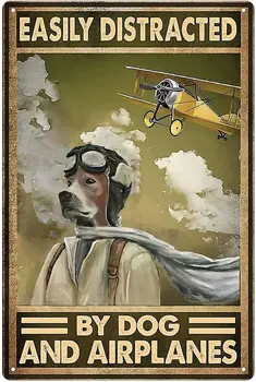 Плакат с кучето и по въздух Лесно се разсейва в кучета и самолет Лидице знак за дома, хотела, бар Кафене външна украса на стените 8x12 см