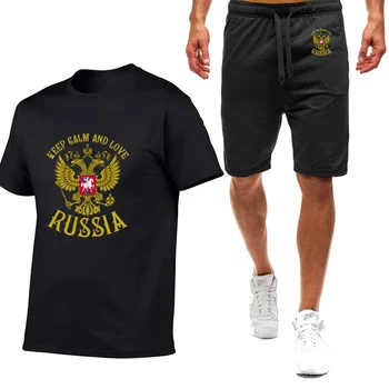 Иконата на Русия, поло блузи с златен орел, Мъжки удобни шорти с къс ръкав, Костюм за памук, ежедневна спортна тениска в стил Харадзюку, Комплект
