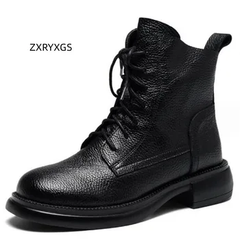 ZXRYXGS/ Хит на Продажбите, Британски Дамски Обувки от естествена кожа с преминаването каишка и страничен цип, Ботильоны 2023 плюс Кадифе Топли Зимни Обувки