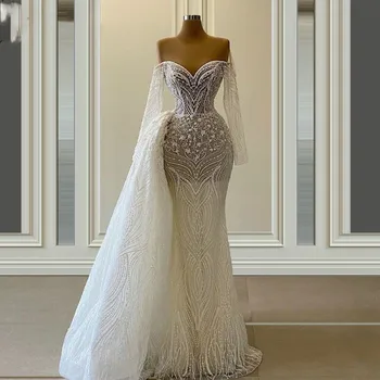 Луксозно бельо сватбена рокля с прозрачна врата, сватбената рокля на русалка с дълъг ръкав, вечерна рокля за абитуриентски бал