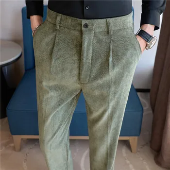 Висококачествени вълнени панталони на райета, мъжки панталони с еластичен ластик на талията, бизнес ежедневни панталони, Обикновена Сватба Офис социални панталони