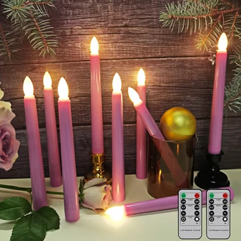20 см Led Конични Свещи, Таймер, Дистанционно Управление и 3D Мерцающее Пламък На Батерии Фалшива Свещ Розова Сватбена Декорация на Дома, Дълга Свещ