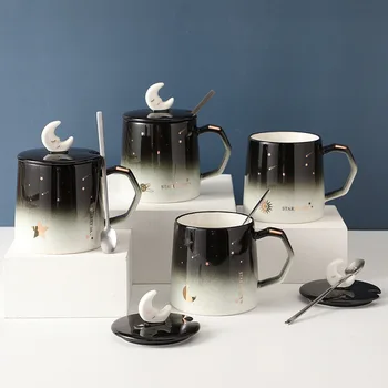 Креативна звездна чаша индивидуална тенденция керамична чаша за вода Nordic milk tea coffee cup с капак и лъжица WF